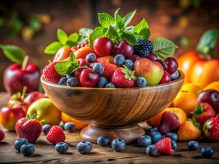 Fototapeta premium Still Life Fruit Bowl Photography: High Depth of Field, Vibrant Colors, Detailed Texture