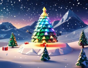 Magical Christmas scene: Colorful geometric tree glows in snowy mountain landscape. Smaller trees, gift boxes surround central tree. Low-poly 3D render style, for card, background, winter design