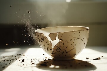 A cracked porcelain cup disintegrating in sunlight, pieces turning to dust, space for text.
