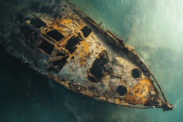 A metal shipwreck being eroded by the sea, with rust and debris disintegrating, space for text.