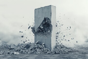 A concrete pillar breaking into chunks and falling into rubble, space for text.