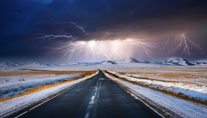 ong Road Through the Russian Steppe in Winter During a Thunderstorm with Lightning