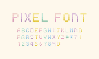 Obraz premium Pastel pixel thin video game vector letter and number font set. Oldschool retro 8 bit typeface.