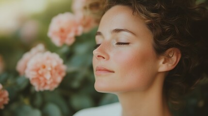 Woman with closed eyes near roses, horizontal, ideal for wellness services, meditation apps, spa centers and natural beauty campaigns. Perfect for Women's Day and Valentine's Day promotions.