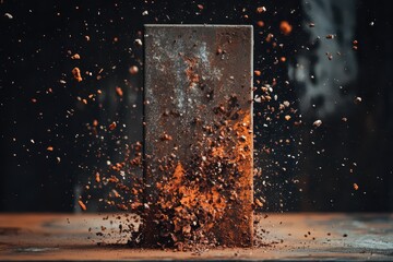 A rusted metal door falling apart, with chunks of metal disintegrating, space for text.