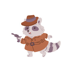 Fototapeta premium Detective raccoon with revolver, handgun is following the criminal, spy agent, vector cute animal crime investigating
