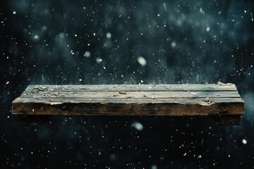 A wooden plank disintegrating under the rain, turning into splinters and breaking apart, space for text.
