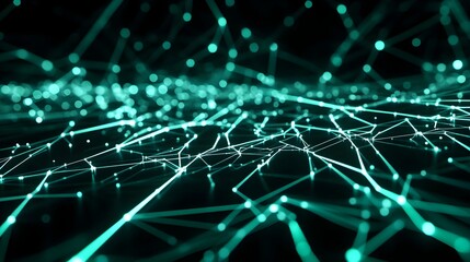 Obraz premium A circuit board pattern glowing in green, with complex lines and connections on a black background.