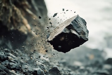 A fallen rock from a cliff disintegrating into small pieces as it rolls downhill, space for text.