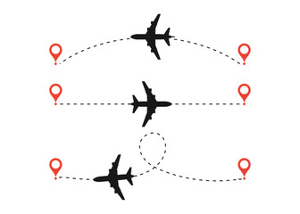 Flying airplanes sky route, Travel concept. Traveling booking agency, Airlines. holiday vacation. Fly high, Icons set, Plane flight path vector set. Flying dotted line to destination collection.