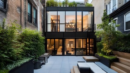 A chic urban townhouse with a geometric facade, large vertical windows, and a rooftop garden with seating