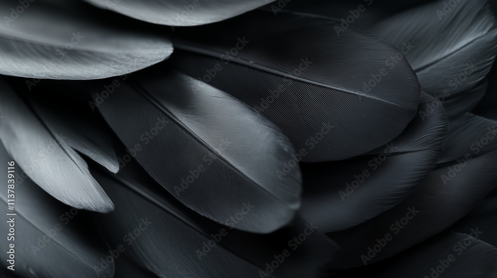 Poster elegant arrangement of dark feathers showcasing texture and depth in a monochromatic setting