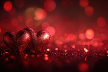 Obraz premium Two Red Glittery Hearts Resting on Red Glitter
