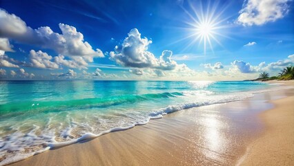 Stunning Beach Scene: Calm Ocean, Blue Sky, Bokeh Photography