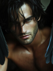 close-up portrait of a male angel with black wings - generative ai
