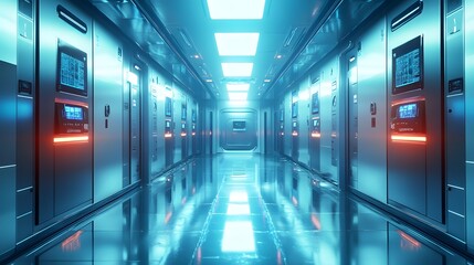 Obraz premium Futuristic gym locker with glowing LED panels on each door, set in high-tech gym. Blue and white lighting reflects modern design, creating a sci-fi aesthetic ideal for promoting advanced fitness tech.