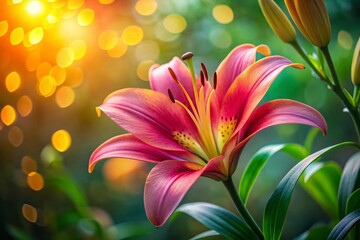 Fototapeta premium Stunning Bokeh Lily Photography: Close-up Lily Flower Images with Soft Focus Background, Lily Leaf Details, Macro Lily Shots, Beautiful Lily Pictures, Nature Photography Bokeh