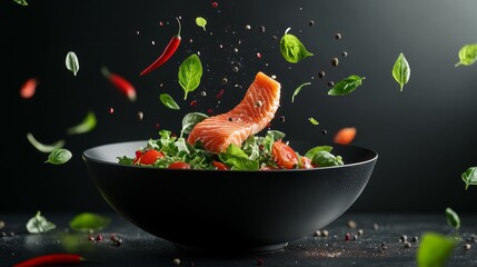 Fresh gourmet salad with flying salmon, greens, and spices on black background