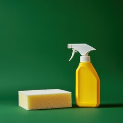 Bright Yellow Cleaning Spray Bottle and Sponge on Green Background for Home Cleaning and Household Chores, Isolated Objects for Stock Photography