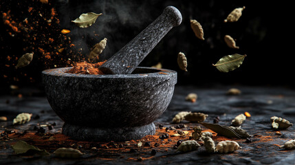 Aromatic spices in motion with mortar and pestle on dark background