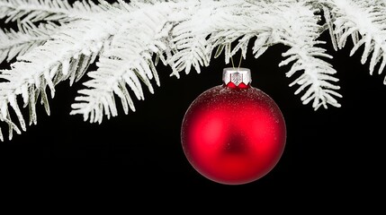 Glistening ruby red Christmas ornament on a frosted white spruce branch, surrounded by snow and set against a dark background, evoking festive elegance and winter&rsquo;s icy beauty