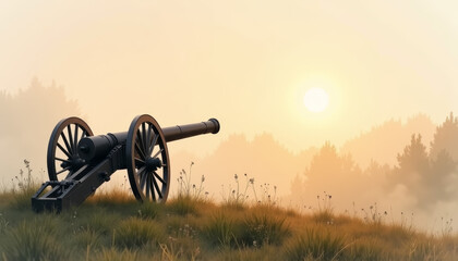 Revolutionary War cannon positioned on a grassy hill at sunrise with soft fog and trees in background
