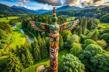 Obraz premium Stunning Drone Photography of a Hand Carved Wooden Totem Pole Surrounded by Lush Greenery in a Traditional National Setting, Showcasing Cultural Heritage and Natural Beauty