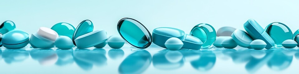 A bright variety of teal and blue pills on a clean icy blue background with sharp reflections