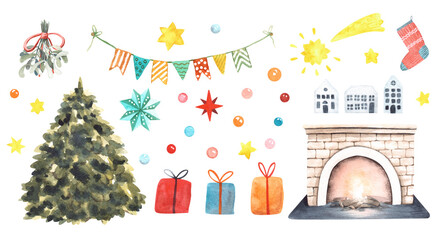 Watercolor Christmas clipart set. Hand drawn fir branch, christmas tree, gift box, mistletoe, fire place, sock, star, decoration, houses isolated on white background. New Year holiday decor.