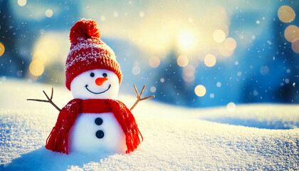 Fototapeta premium Closeup of a Jolly Snowman with a Big Smile for a Winter Holiday Christmas Banner