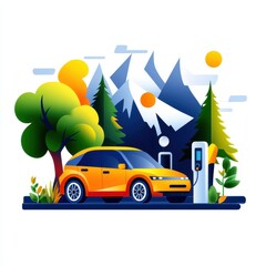 Naklejka premium Bright Electric Car Parked Near Green Forest and Snowy Mountains