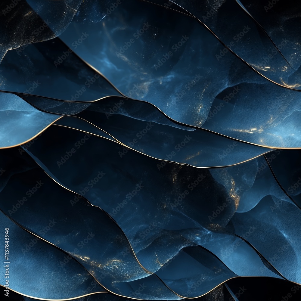 Poster fluid waves of deep blue with soft golden edges create a mesmerizing abstract pattern of movement an