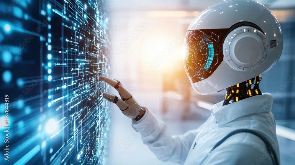 Poster futuristic robot interface interaction with data visualization in modern technology environment