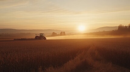 Obraz premium Tractor harvesting wheat field at sunset.