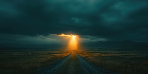 Sunlight pierces through dark storm clouds over an empty road in a rural landscape
