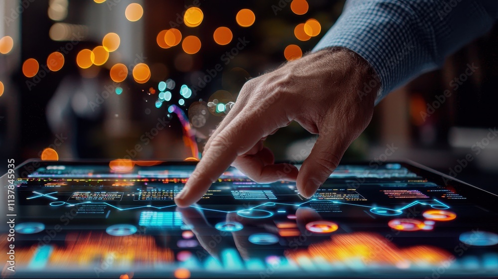 Poster hand touching digital interface with colorful data visualization and blurred lights background