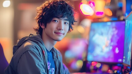 Young male game developer absorbed in coding at a vibrant gaming hub