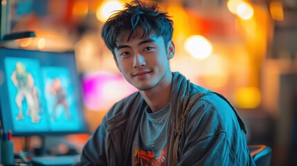 Fototapeta premium Young male game developer showcases creativity in his workspace while wearing a casual T-shirt