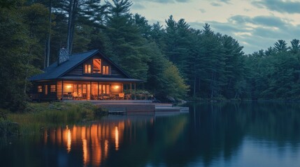 Obraz premium A Serene Lakeside Cabin at Dusk