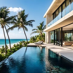 Fototapeta premium A beachfront villa with open-plan architecture, infinity pool overlooking the ocean, and palm trees
