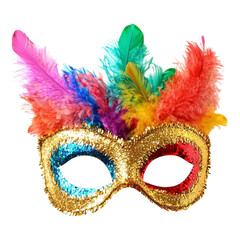 Decorative carnival masquerade mask adorned with bright, colorful feathers and gold sequins, presented isolated on a transparent background.