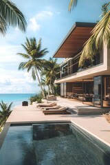 Fototapeta premium A beachfront villa with open-plan architecture, infinity pool overlooking the ocean, and palm trees