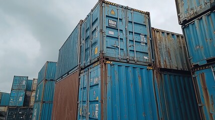Fototapeta premium Stacked Cargo Shipping Containers in a Port Against a Cloudy Sky