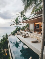 Fototapeta premium A beachfront villa with open-plan architecture, infinity pool overlooking the ocean, and palm trees