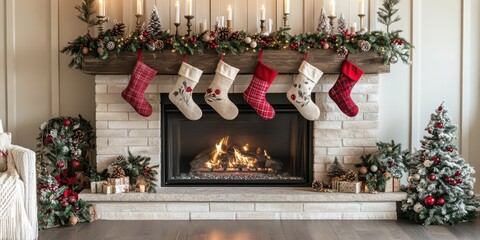 Fototapeta premium Beautifully decorated fireplace mantel with stockings, festive green garland, and holiday decor
