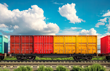A freight train loaded with containers. Theme of logistics and cargo along railway lines.