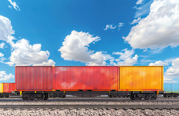 Fototapeta premium A freight train loaded with containers. Theme of logistics and cargo along railway lines.