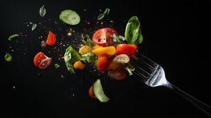 Vibrant fresh salad ingredients mid-air on black background