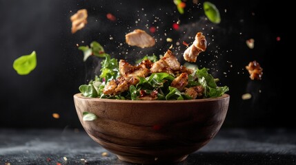 Dynamic chicken salad explosion features fresh ingredients in mid-air for culinary delight