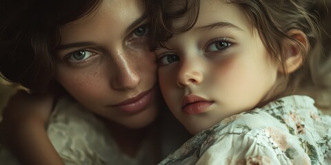 Obraz premium Mother and child share a tender hug in a cozy setting during golden hour